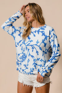 BiBi Knit Sweater Top with Contrasting Color Floral Print in Periwinkle