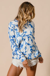 BiBi Knit Sweater Top with Contrasting Color Floral Print in Periwinkle