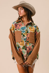 BiBi Knit and Woven Vintage Floral Print Jacket in Camel