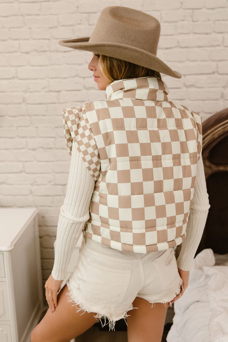 BiBi CROPPED Mixed Checkered Pattern Puffer Vest in Latte – June Adel
