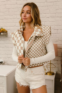 BiBi CROPPED Mixed Checkered Pattern Puffer Vest in Latte