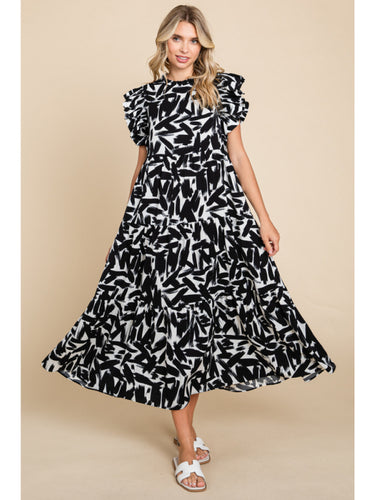 Jodifl Brushstroke Print Tiered Midi Dress in Black Dresses Jodifl   