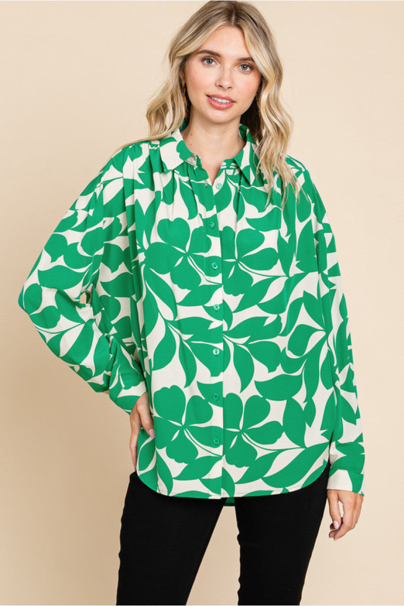 Jodifl Two Toned Floral Printed Long Sleeve Top in Green