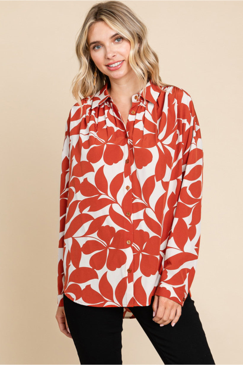 Jodifl Two Toned Floral Printed Long Sleeve Top in Rust