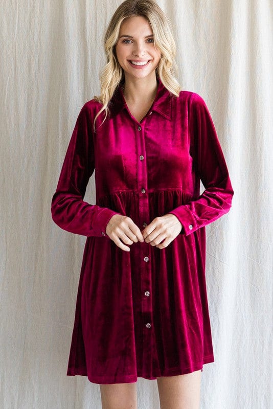 Jodifl Solid Color Velvet Button-up Baby Doll Dress in Wine Dress Jodifl   