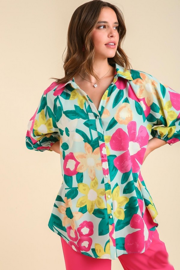 Umgee Mixed Print Collared Button Up Tunic Top in Mint Mix Top Umgee   