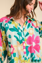 Load image into Gallery viewer, Umgee Mixed Print Collared Button Up Tunic Top in Mint Mix Top Umgee   
