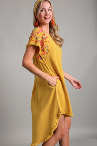 Umgee Linen Short Sleeve Embroidery Dress in Honey Dress Umgee   