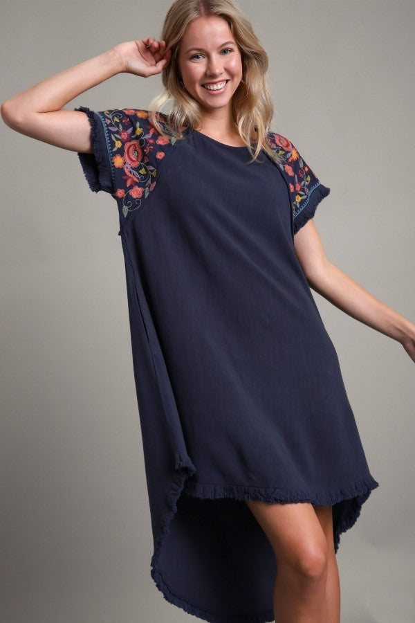 Umgee Linen Short Sleeve Embroidery Dress in Navy ON ORDER Dress Umgee   