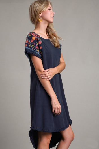 Umgee Linen Short Sleeve Embroidery Dress in Navy Dress Umgee   