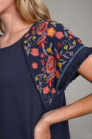 Umgee Linen Short Sleeve Embroidery Dress in Navy Dress Umgee   