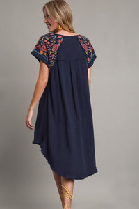 Umgee Linen Short Sleeve Embroidery Dress in Navy Dress Umgee   