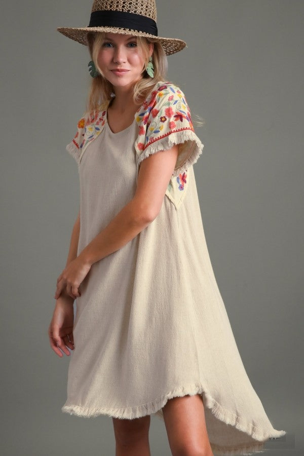 Umgee Linen Short Sleeve Embroidery Dress in Oatmeal Dress Umgee   