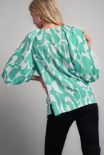 Load image into Gallery viewer, Umgee Satin Round Neck Geometric Print Top In Lagoon Mix Tops Umgee   
