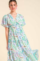 Umgee Paisley Print Tiered Midi Dress in Green Mix Dress Umgee   