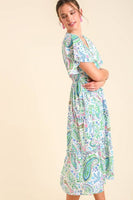 Umgee Paisley Print Tiered Midi Dress in Green Mix Dress Umgee   