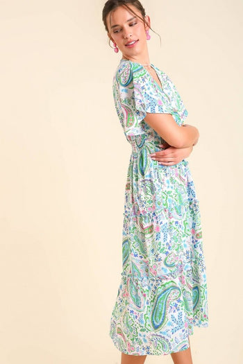 Umgee Paisley Print Tiered Midi Dress in Green Mix Dress Umgee   