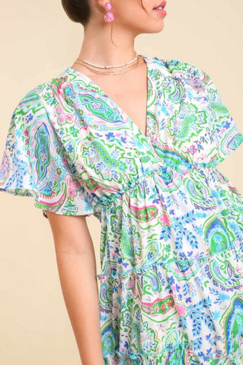 Umgee Paisley Print Tiered Midi Dress in Green Mix Dress Umgee   