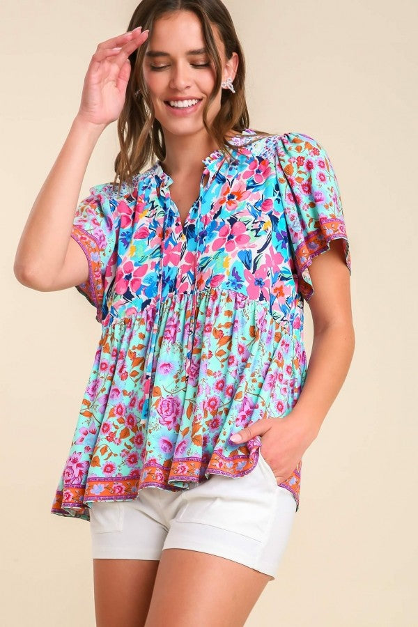Umgee Mixed Print Smocked Shoulder Top with Drawstring Detail in Mint Mix ON ORDER Top Umgee   