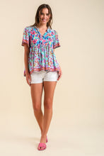 Load image into Gallery viewer, Umgee Mixed Print Smocked Shoulder Top with Drawstring Detail in Mint Mix Top Umgee   
