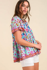 Umgee Mixed Print Smocked Shoulder Top with Drawstring Detail in Mint Mix Top Umgee   