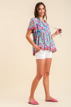 Load image into Gallery viewer, Umgee Mixed Print Smocked Shoulder Top with Drawstring Detail in Mint Mix Top Umgee   
