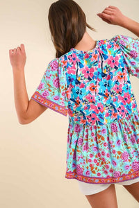 Umgee Mixed Print Smocked Shoulder Top with Drawstring Detail in Mint Mix Top Umgee   