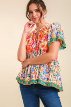 Load image into Gallery viewer, Umgee Mixed Print Smocked Shoulder Top with Drawstring Detail in Pink Mix ON ORDER Top Umgee   
