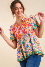 Load image into Gallery viewer, Umgee Mixed Print Smocked Shoulder Top with Drawstring Detail in Pink Mix Top Umgee   
