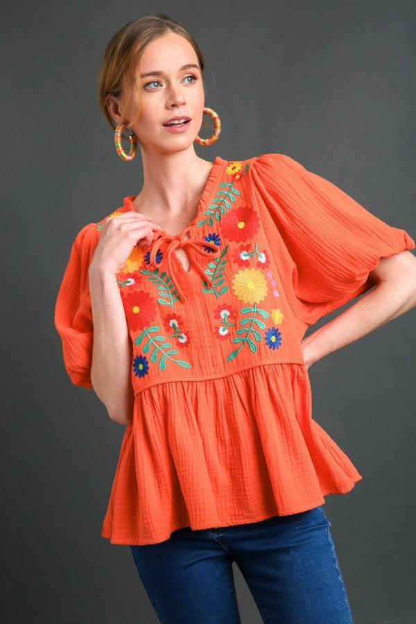 Umgee Full Size Cotton Gauze Floral Embroidery Babydoll Blouse Plus Size