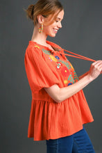 Load image into Gallery viewer, Umgee Cotton Gauze Floral Embroidery BabyDoll Top in Orange Red  Umgee   
