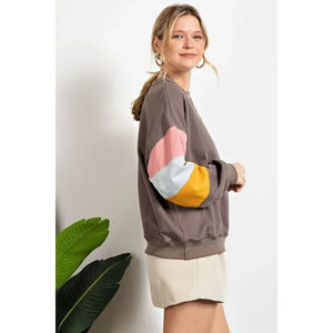 Easel Terry Knit Top with Colorblock Sleeves in Ash Shirts & Tops Easel   