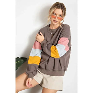 Easel Terry Knit Top with Colorblock Sleeves in Ash Shirts & Tops Easel   