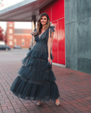 MABLE Pearl Stud and Mesh Tulle Tiered Maxi Dress in Teal Green