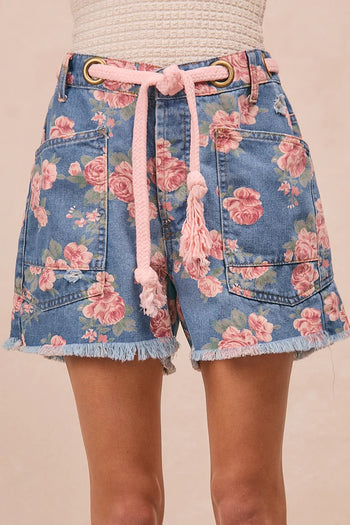 BiBi Floral Print Denim Shorts with Braided Waist Belt in Denim