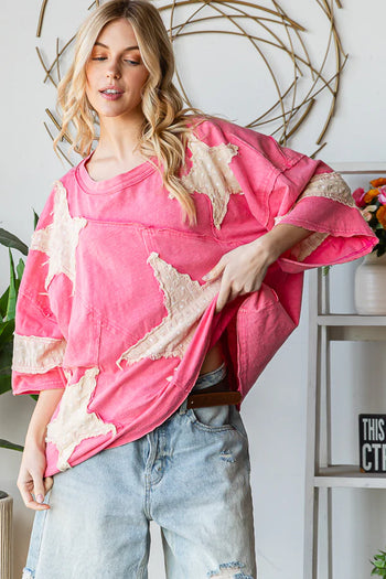 Oli & Hali OVERSIZED Star Patched Top in Hot Pink