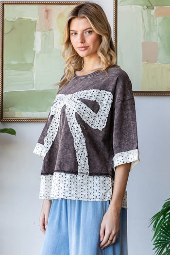 Oli & Hali OVERSIZED Ribbon Bow Patchwork Top in Black