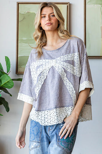 Oli & Hali OVERSIZED Ribbon Bow Patchwork Top in Lavender Blue