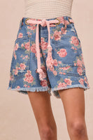 BiBi Floral Print Denim Shorts with Braided Waist Belt in Denim