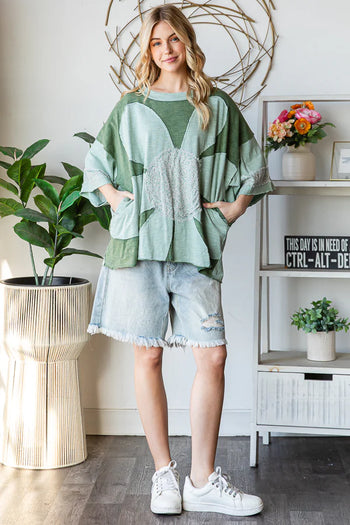 Oli & Hali OVERSIZED Large Patchwork Daisy Top in Green