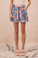 BiBi Floral Print Denim Shorts with Braided Waist Belt in Denim