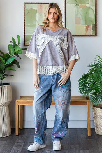 Oli & Hali OVERSIZED Ribbon Bow Patchwork Top in Lavender Blue