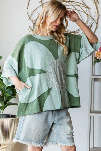 Oli & Hali OVERSIZED Large Patchwork Daisy Top in Green