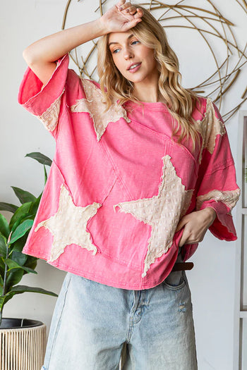 Oli & Hali OVERSIZED Star Patched Top in Hot Pink