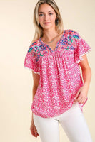 Umgee Animal Print Top with Flower Embroidery and Pom Pom Fringe Detail in Hot Pink Top Umgee   