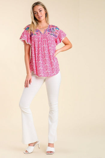 Umgee Animal Print Top with Flower Embroidery and Pom Pom Fringe Detail in Hot Pink Top Umgee   