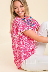 Umgee Animal Print Top with Flower Embroidery and Pom Pom Fringe Detail in Hot Pink Top Umgee   