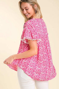 Umgee Animal Print Top with Flower Embroidery and Pom Pom Fringe Detail in Hot Pink Top Umgee   