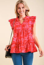 Load image into Gallery viewer, Umgee Split Neck Graphic Floral Print Top in Red Mix Top Umgee   
