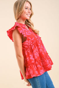 Umgee Split Neck Graphic Floral Print Top in Red Mix Top Umgee   
